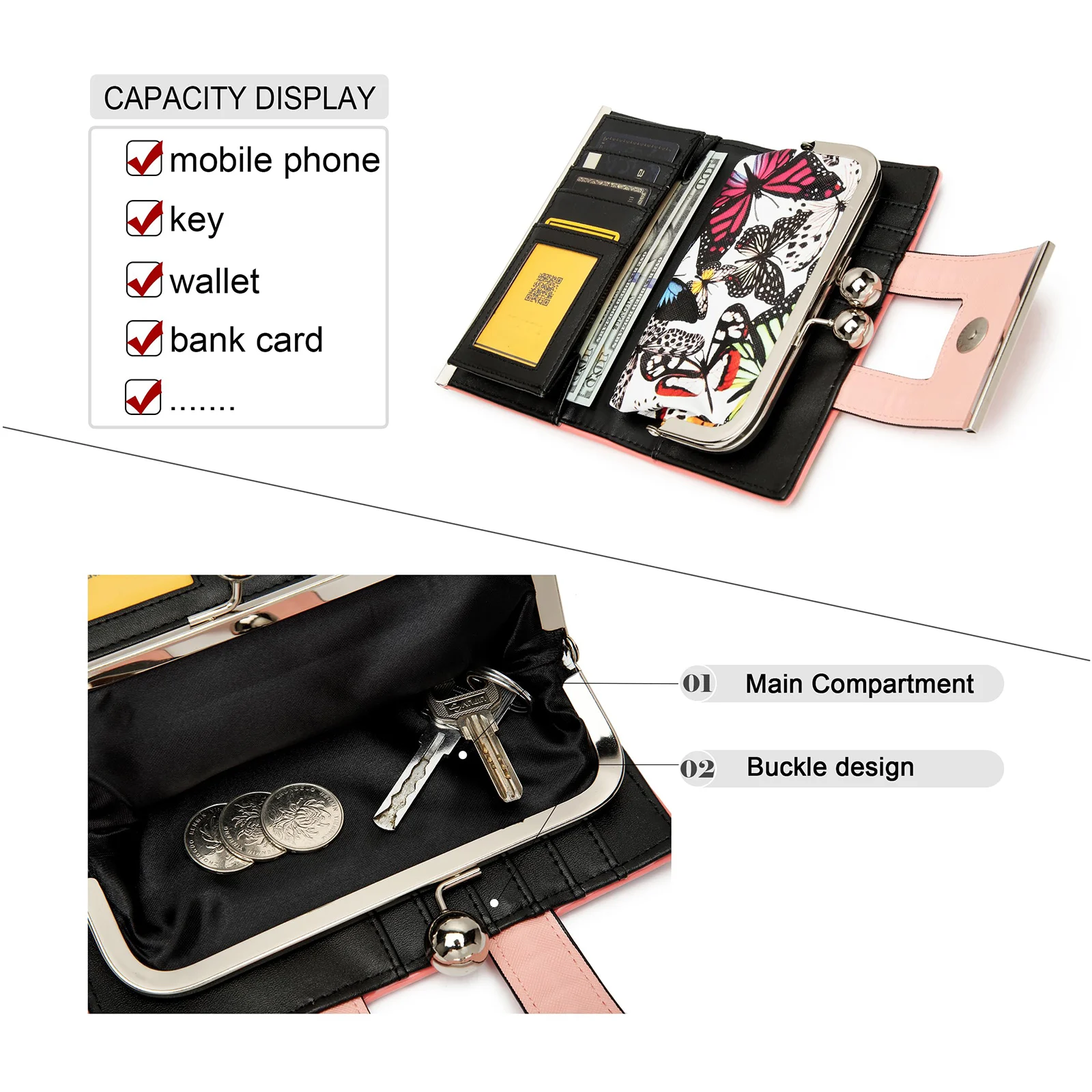 Chic Women’s Long Wallet with Vivid butterfly Floral Print, Durable PU Leather, Gold Kiss-Lock, Multiple Card Slots, Bill Sectio