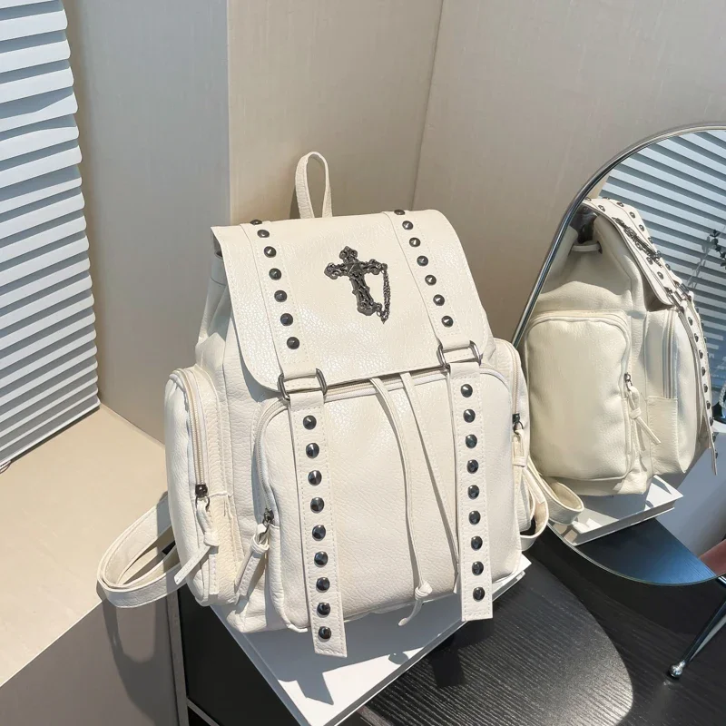 Rivet Y2K Backpack Women Gothic Punk PU Leather Shoulder Bag Ladies Vintage Harajuku Backpacks College Large Capacity School Bag