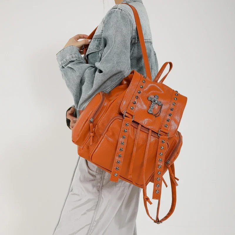 Rivet Y2K Backpack Women Gothic Punk PU Leather Shoulder Bag Ladies Vintage Harajuku Backpacks College Large Capacity School Bag