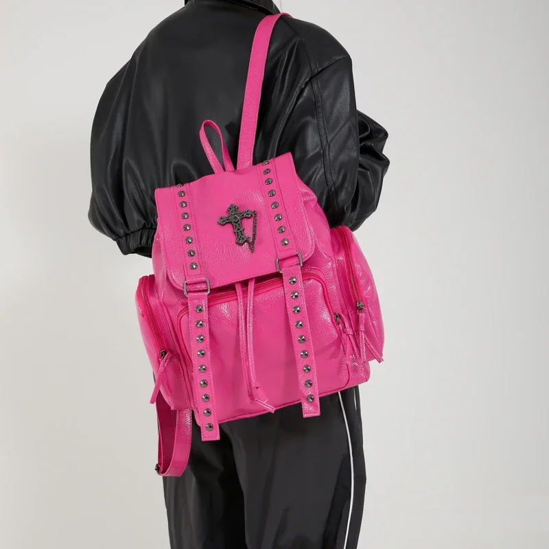 Rivet Y2K Backpack Women Gothic Punk PU Leather Shoulder Bag Ladies Vintage Harajuku Backpacks College Large Capacity School Bag