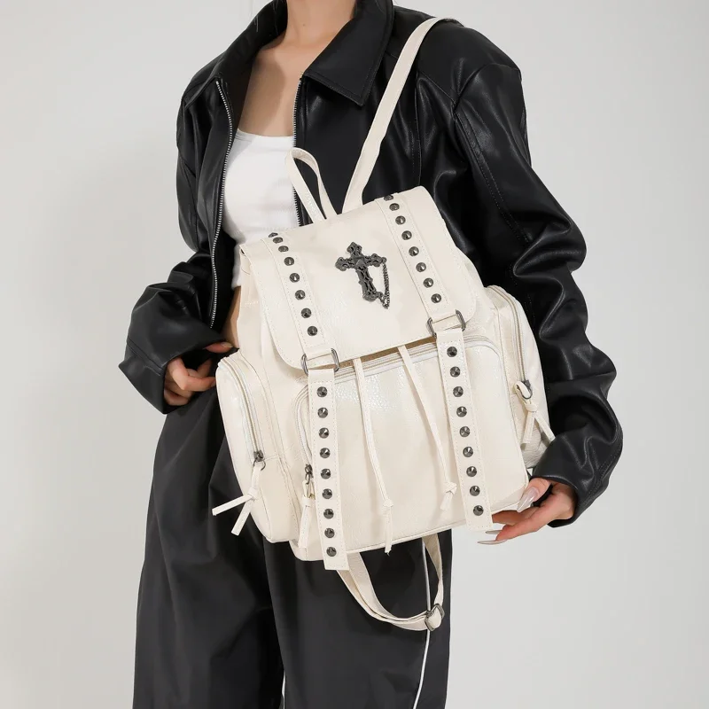 Rivet Y2K Backpack Women Gothic Punk PU Leather Shoulder Bag Ladies Vintage Harajuku Backpacks College Large Capacity School Bag