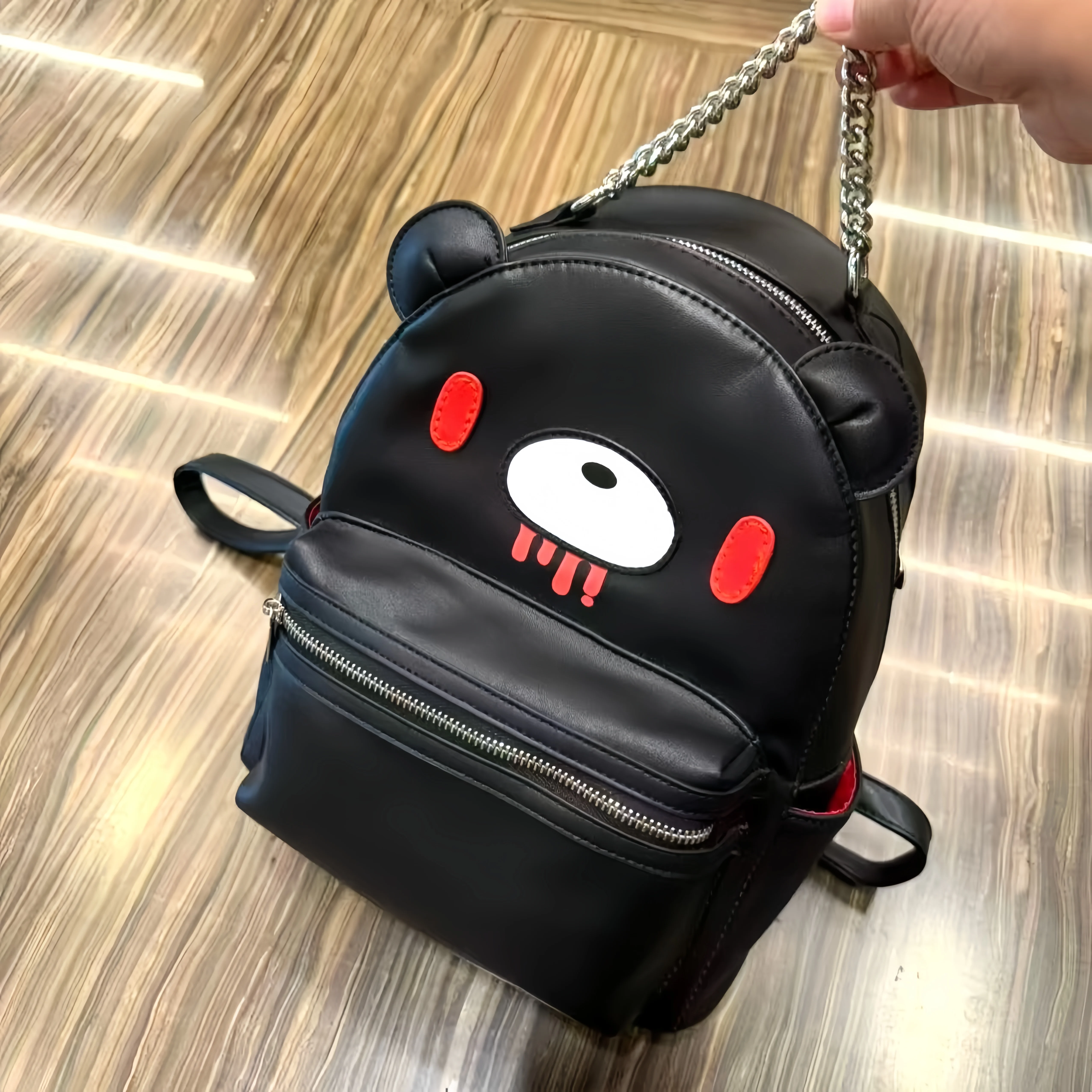 Y2K Black PU Leather Bear Backpack Kawaii Creepy Cute Goth Punk Doll Bag Harajuku Streetwear Emo Grunge Girls Women Shoulder Bag