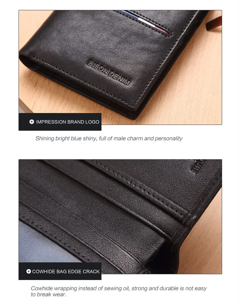BISON DENIM Genuine Leather Wallet Men Brand Fashion Short Purses Coin Purse ID Credit Card Holder Slim Bifold Wallet Men