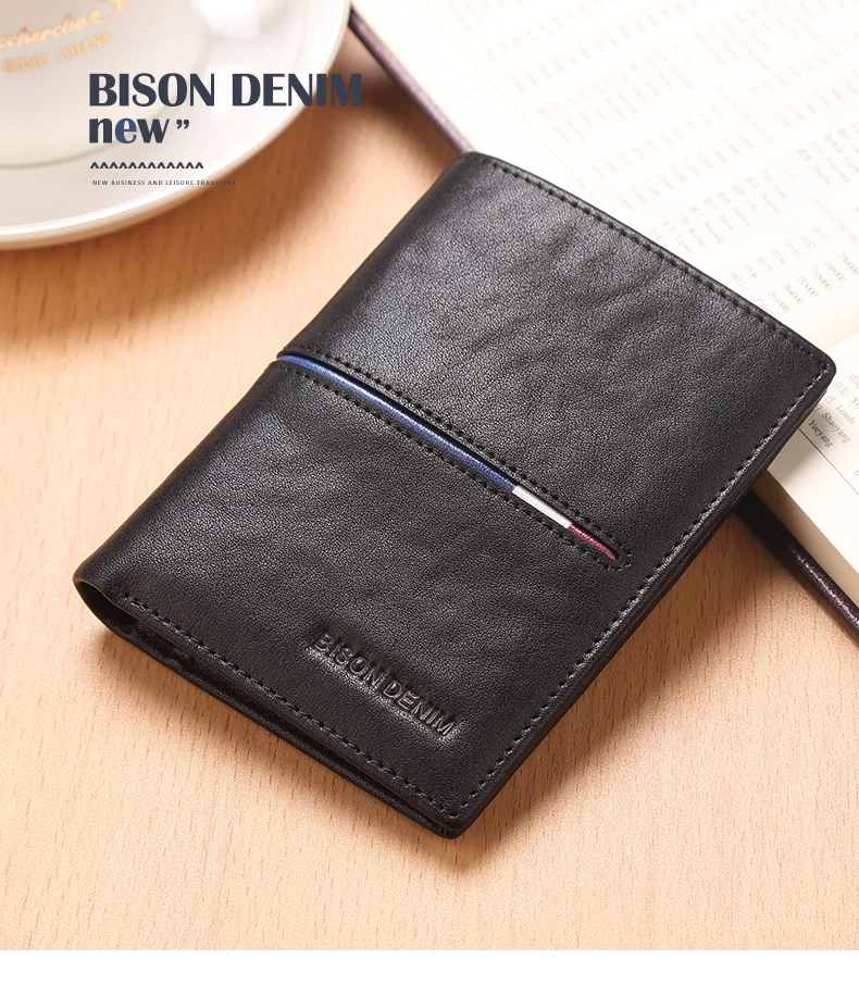 BISON DENIM Genuine Leather Wallet Men Brand Fashion Short Purses Coin Purse ID Credit Card Holder Slim Bifold Wallet Men