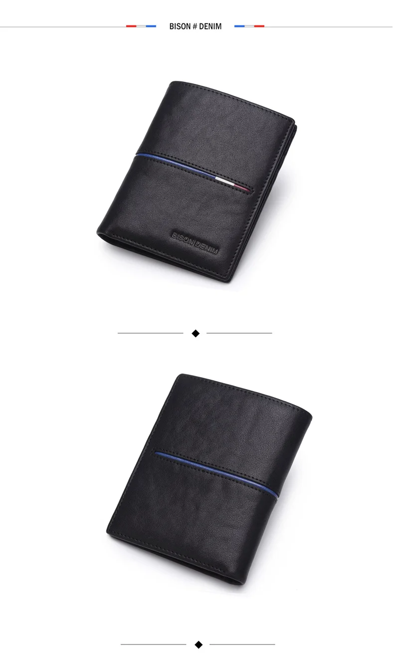 BISON DENIM Genuine Leather Wallet Men Brand Fashion Short Purses Coin Purse ID Credit Card Holder Slim Bifold Wallet Men