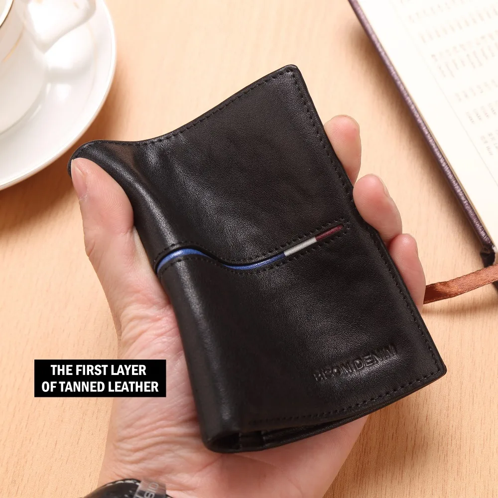 BISON DENIM Genuine Leather Wallet Men Brand Fashion Short Purses Coin Purse ID Credit Card Holder Slim Bifold Wallet Men