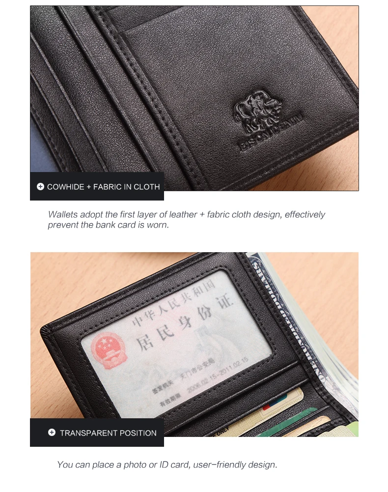 BISON DENIM Genuine Leather Wallet Men Brand Fashion Short Purses Coin Purse ID Credit Card Holder Slim Bifold Wallet Men