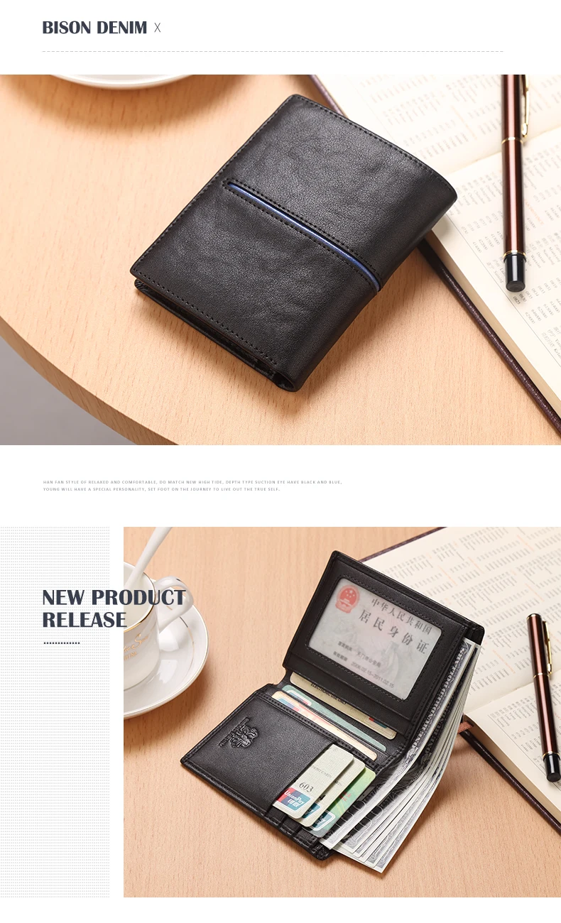 BISON DENIM Genuine Leather Wallet Men Brand Fashion Short Purses Coin Purse ID Credit Card Holder Slim Bifold Wallet Men