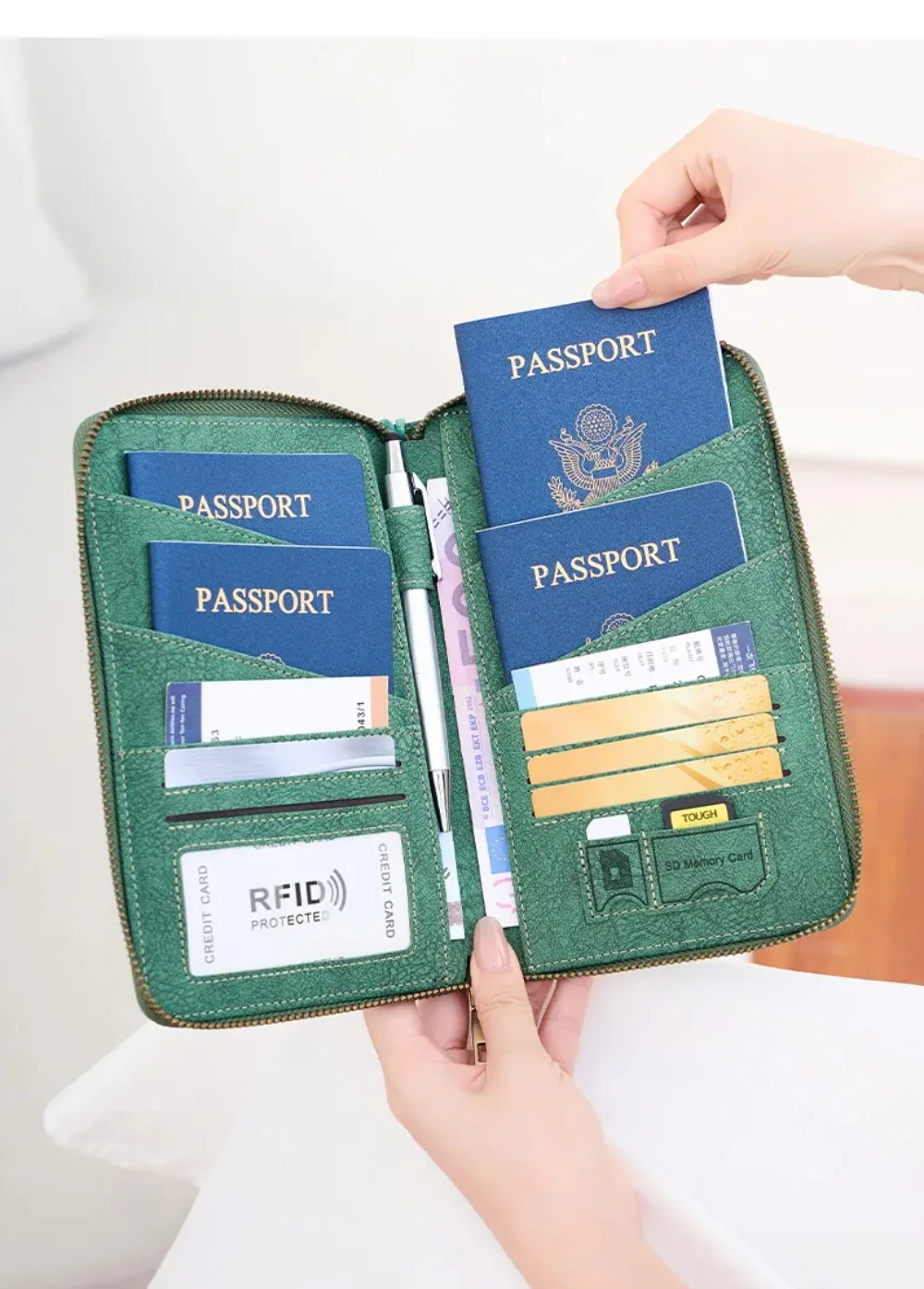 RFID Blocking Leather Family Passport Holder Travel Wallet Wrist Strap Pen Slot Card Ticket Document Organizer Travel Essentials