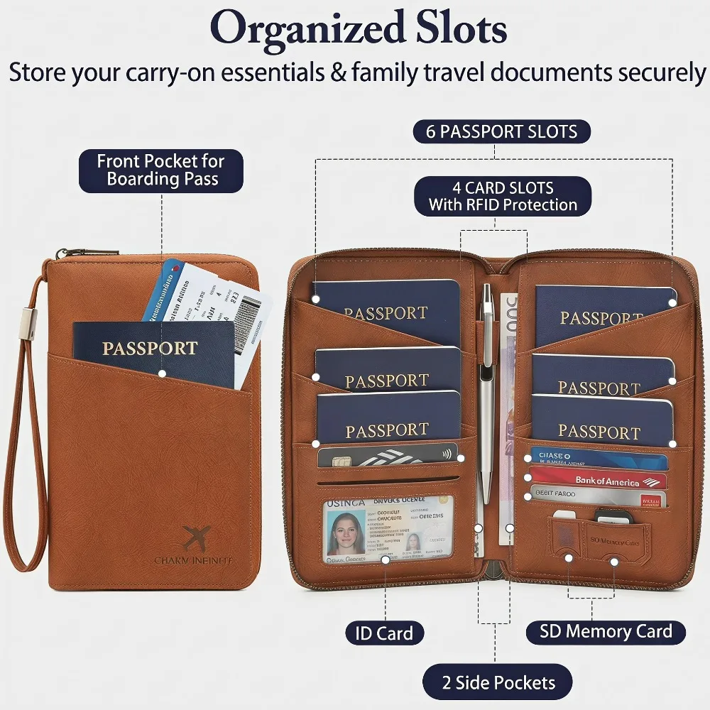 RFID Blocking Leather Family Passport Holder Travel Wallet Wrist Strap Pen Slot Card Ticket Document Organizer Travel Essentials