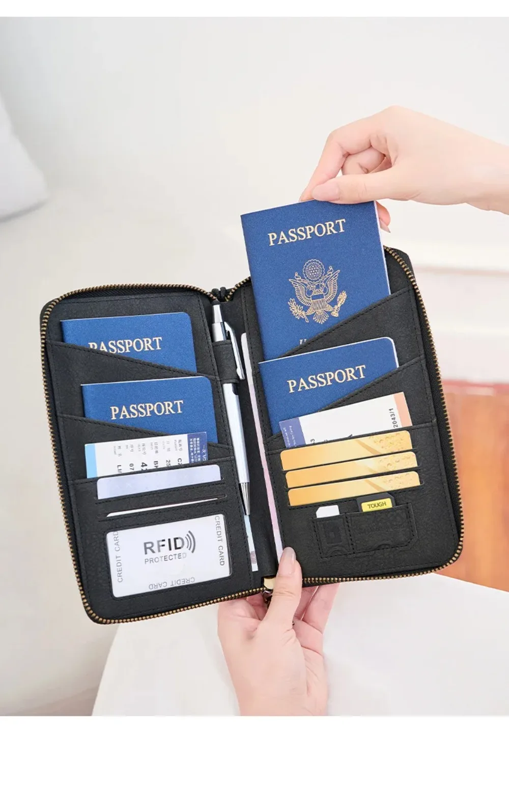 RFID Blocking Leather Family Passport Holder Travel Wallet Wrist Strap Pen Slot Card Ticket Document Organizer Travel Essentials