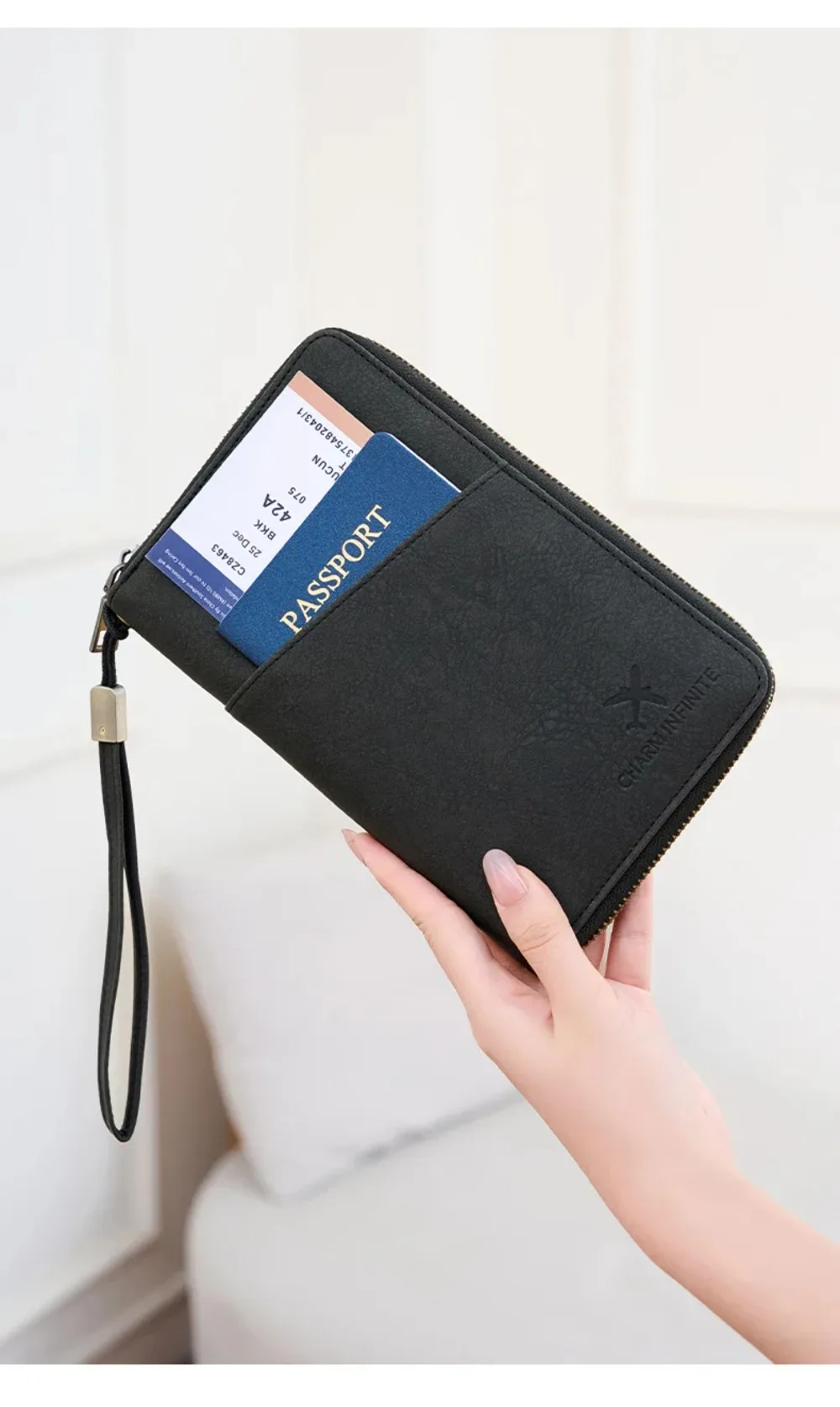 RFID Blocking Leather Family Passport Holder Travel Wallet Wrist Strap Pen Slot Card Ticket Document Organizer Travel Essentials