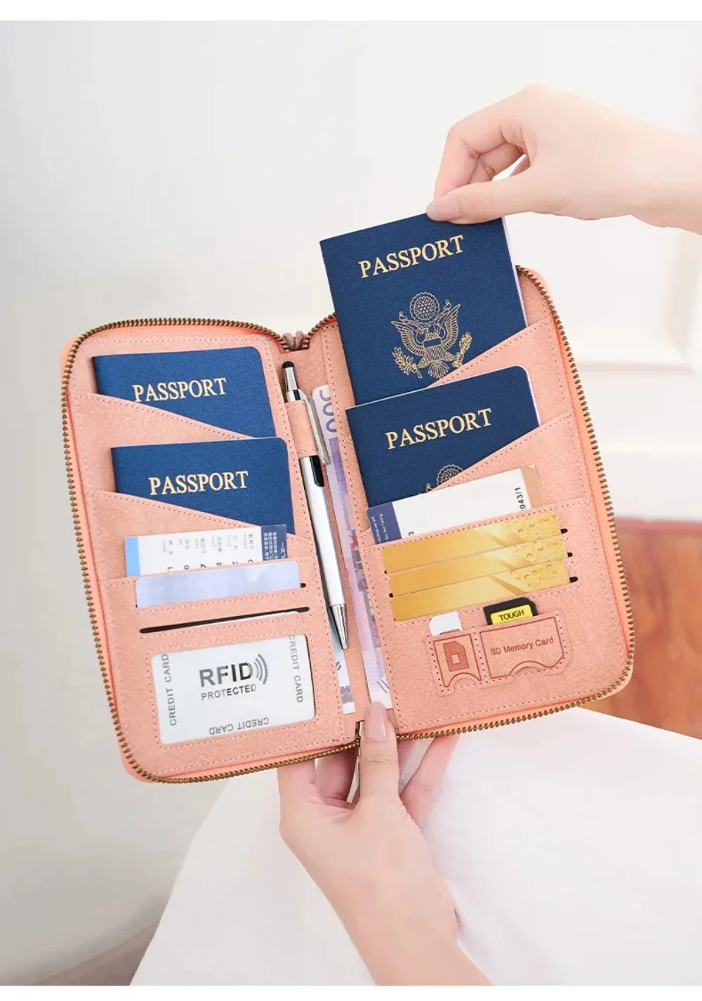 RFID Blocking Leather Family Passport Holder Travel Wallet Wrist Strap Pen Slot Card Ticket Document Organizer Travel Essentials