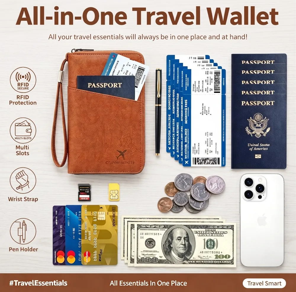 RFID Blocking Leather Family Passport Holder Travel Wallet Wrist Strap Pen Slot Card Ticket Document Organizer Travel Essentials