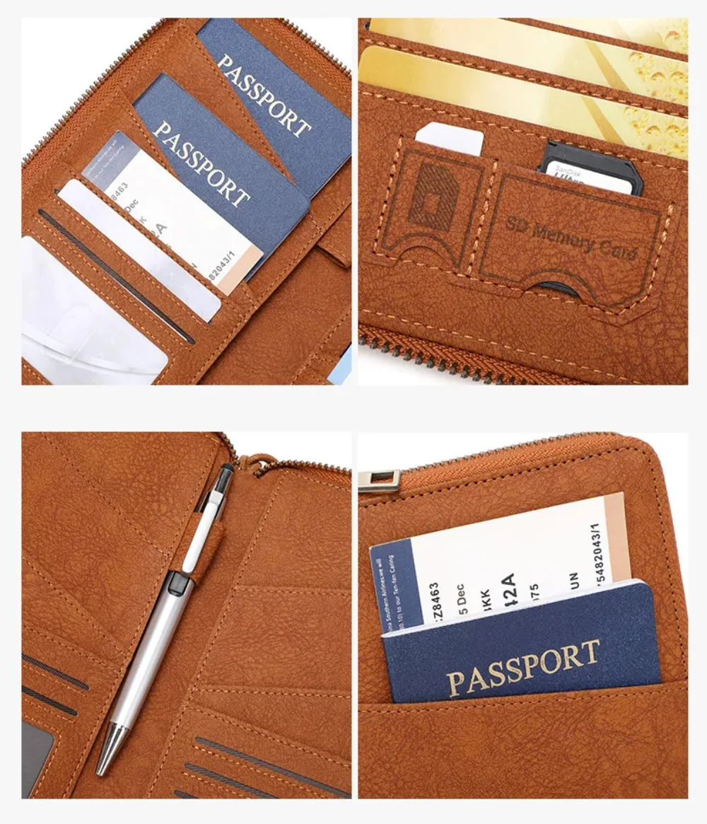 RFID Blocking Leather Family Passport Holder Travel Wallet Wrist Strap Pen Slot Card Ticket Document Organizer Travel Essentials