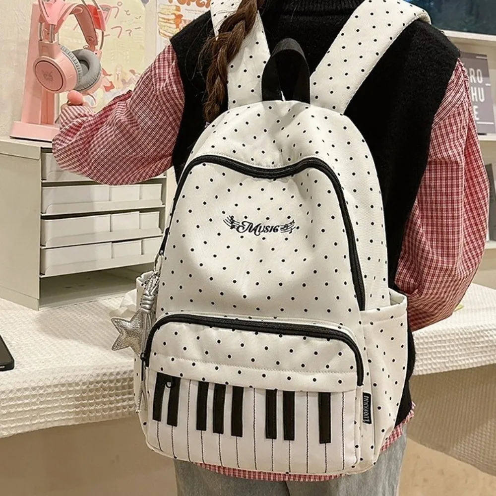 Nylon Polka Dot Print Backpack Preppy Style Cute Large Capacity School Bag Durable Color-blocked Piano Key Backpack Shopping