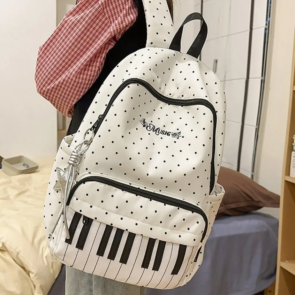 Nylon Polka Dot Print Backpack Preppy Style Cute Large Capacity School Bag Durable Color-blocked Piano Key Backpack Shopping