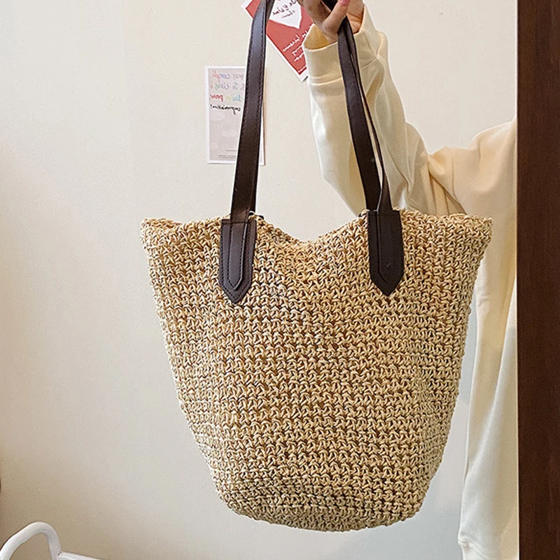 Summer Beach Bags For Women Handmade Rattan Woven Shoulder Bags Large Capacity Straw Bag Bohemian Casual Travel Handbag Totes
