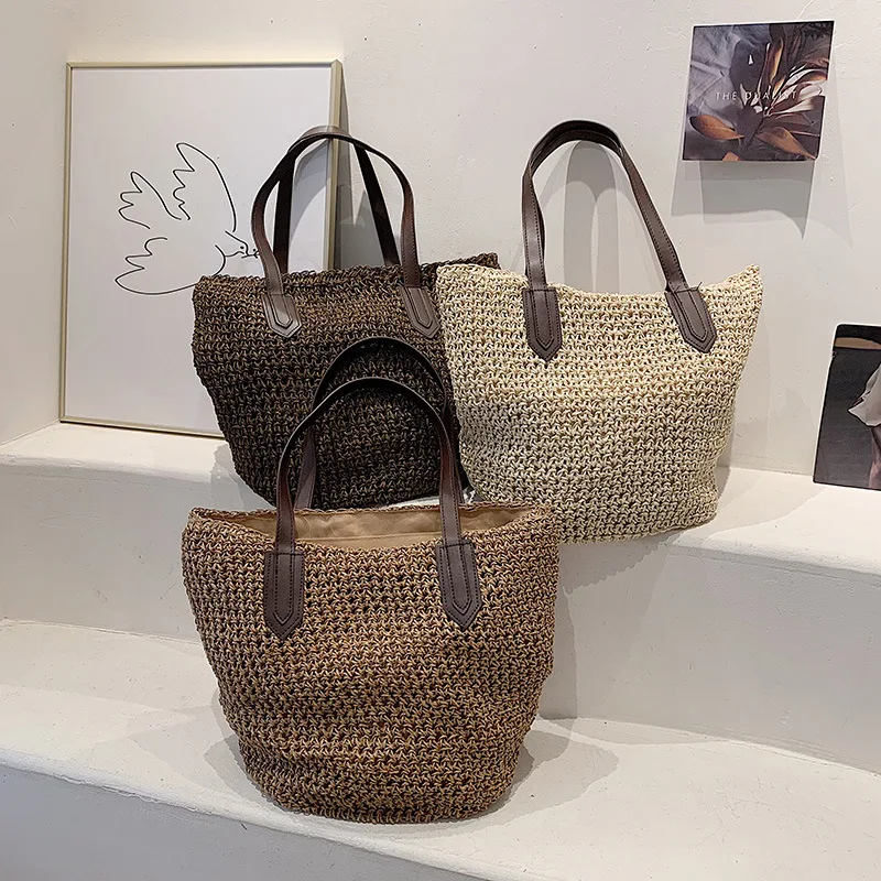 Summer Beach Bags For Women Handmade Rattan Woven Shoulder Bags Large Capacity Straw Bag Bohemian Casual Travel Handbag Totes
