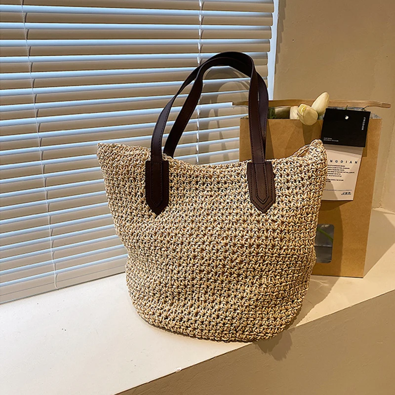 Summer Beach Bags For Women Handmade Rattan Woven Shoulder Bags Large Capacity Straw Bag Bohemian Casual Travel Handbag Totes