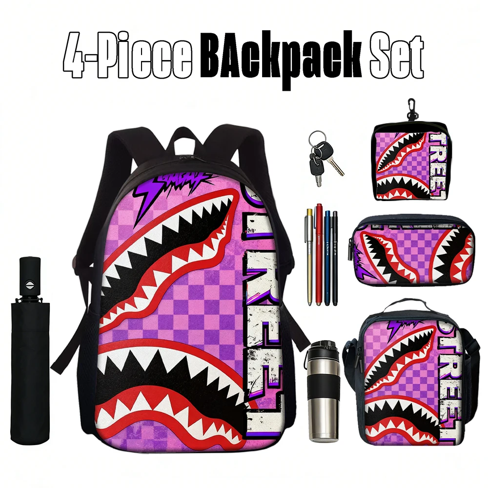 1/2/3/4/5PCS Trendy Shark Graphic Backpack Set | Perfect for School & Daily Adventures