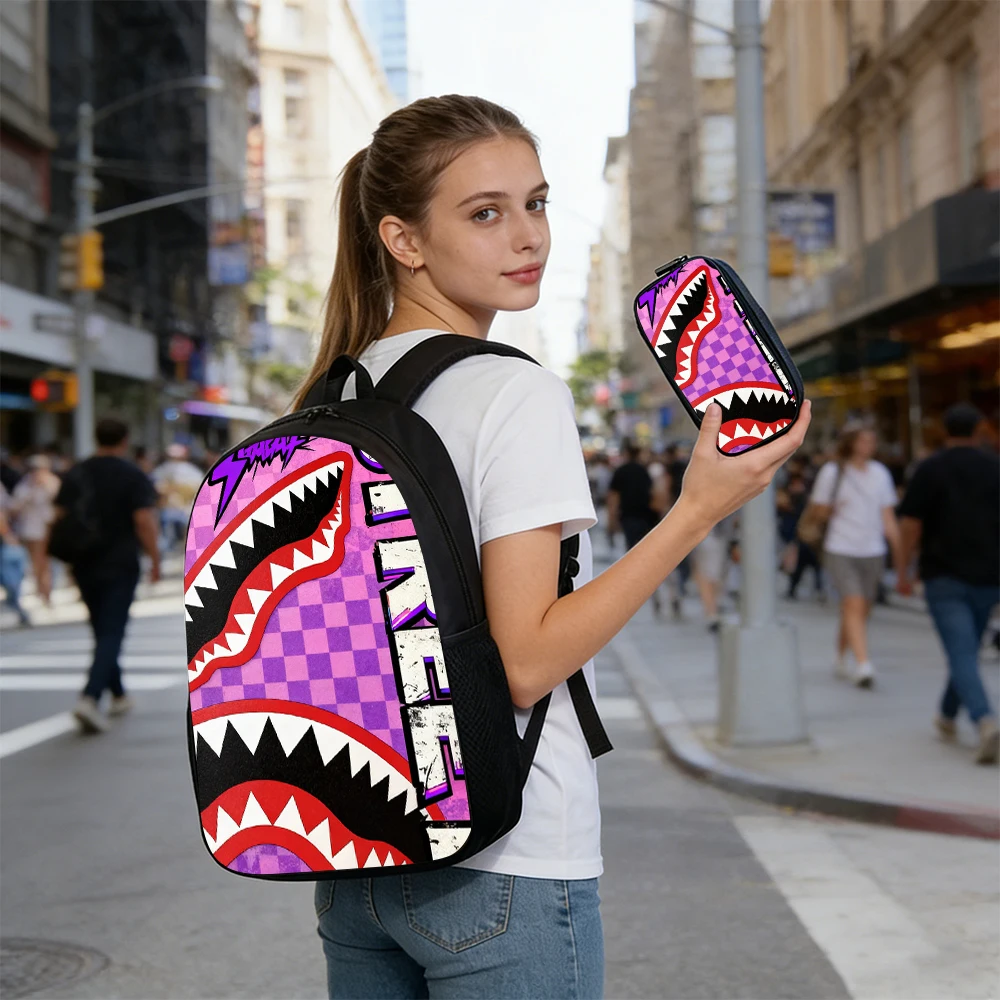 1/2/3/4/5PCS Trendy Shark Graphic Backpack Set | Perfect for School & Daily Adventures