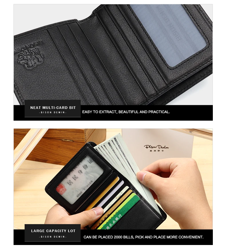 BISON DENIM Black Purse For Men Genuine Leather Men's Wallets Thin Male Wallet Card Holder Cowskin Soft Mini Purses N4429