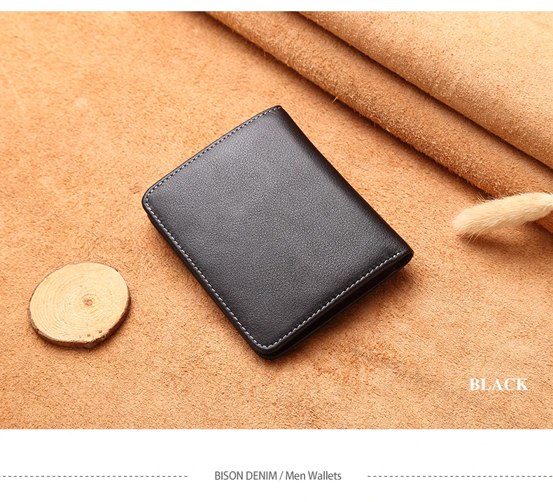 BISON DENIM Black Purse For Men Genuine Leather Men's Wallets Thin Male Wallet Card Holder Cowskin Soft Mini Purses N4429