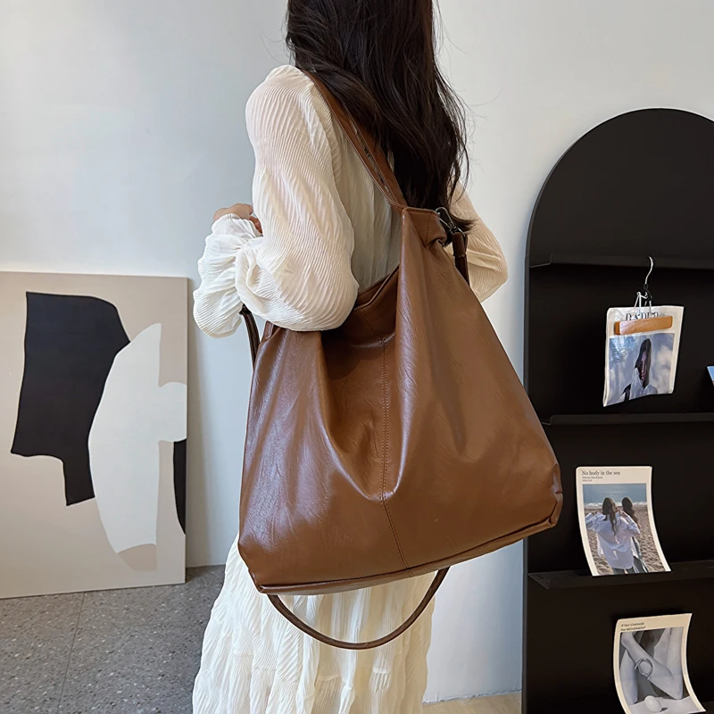 LEFTSIDE Fashion Big Leather Tote Bag for Women 2025 Tend Females Simple Large High Capacity Retro Shoulder Side Bag Handbags