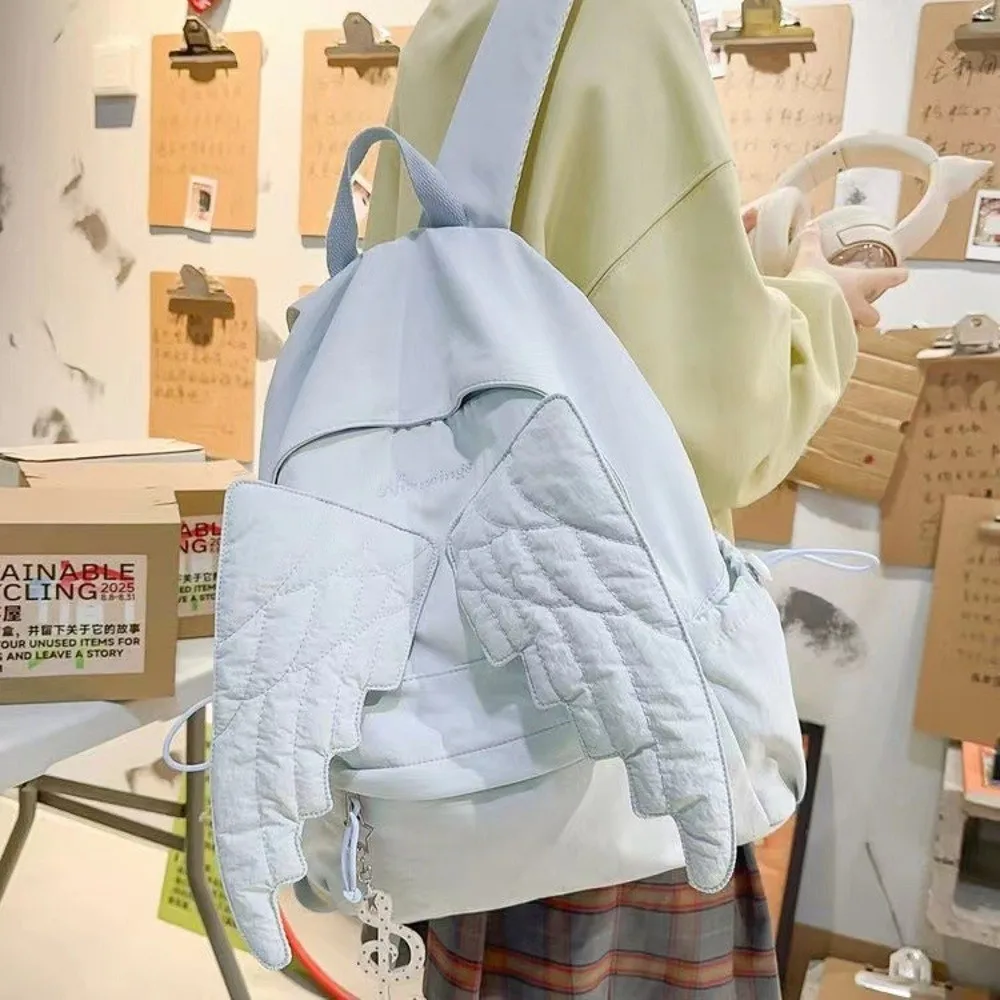 Versatile Angel Wing Backpack Solid Color Large Capacity Nylon Backpack Y2k Style Lightweight Canvas Backpack for Adults Student