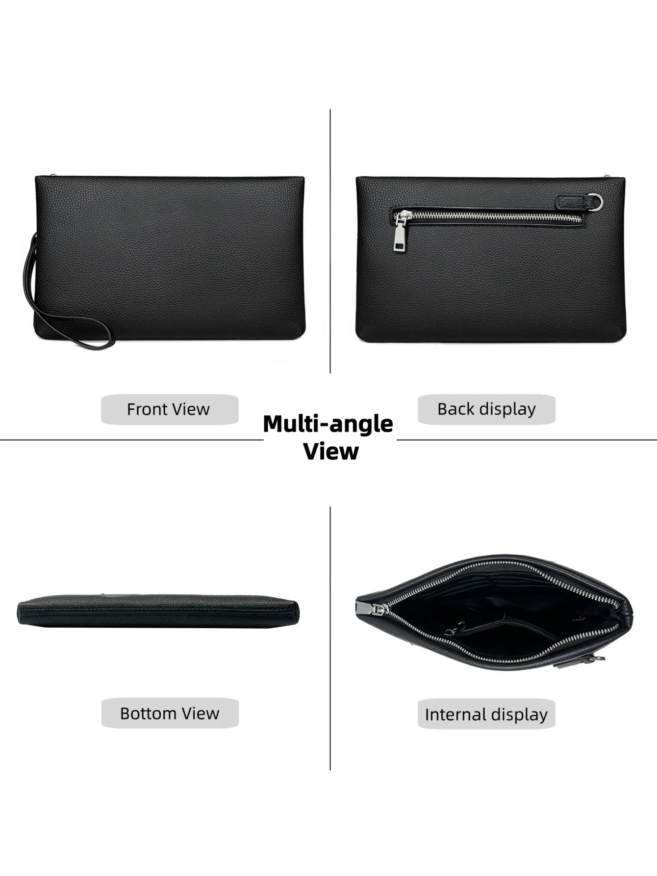 Men Pebbled Genuine Leather Wrist Clutch Handbag, Large Capacity Anti-Theft Zipper Hand Purse with 6 Card Slots