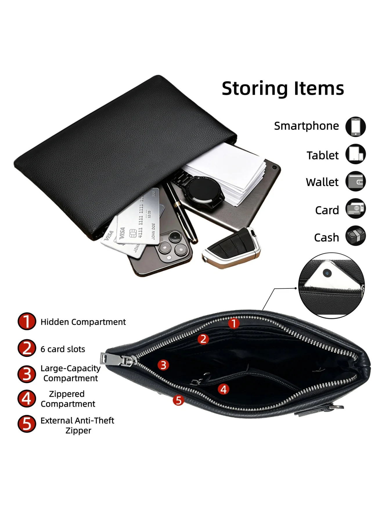 Men Pebbled Genuine Leather Wrist Clutch Handbag, Large Capacity Anti-Theft Zipper Hand Purse with 6 Card Slots