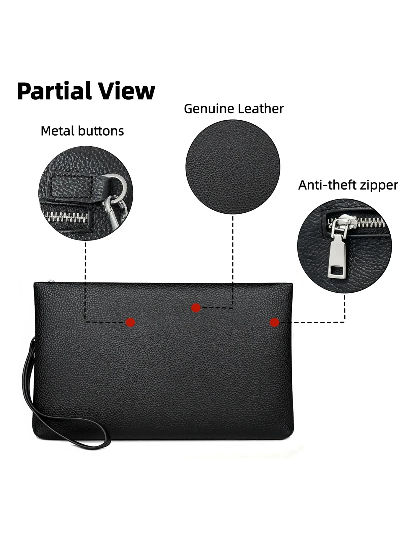 Men Pebbled Genuine Leather Wrist Clutch Handbag, Large Capacity Anti-Theft Zipper Hand Purse with 6 Card Slots