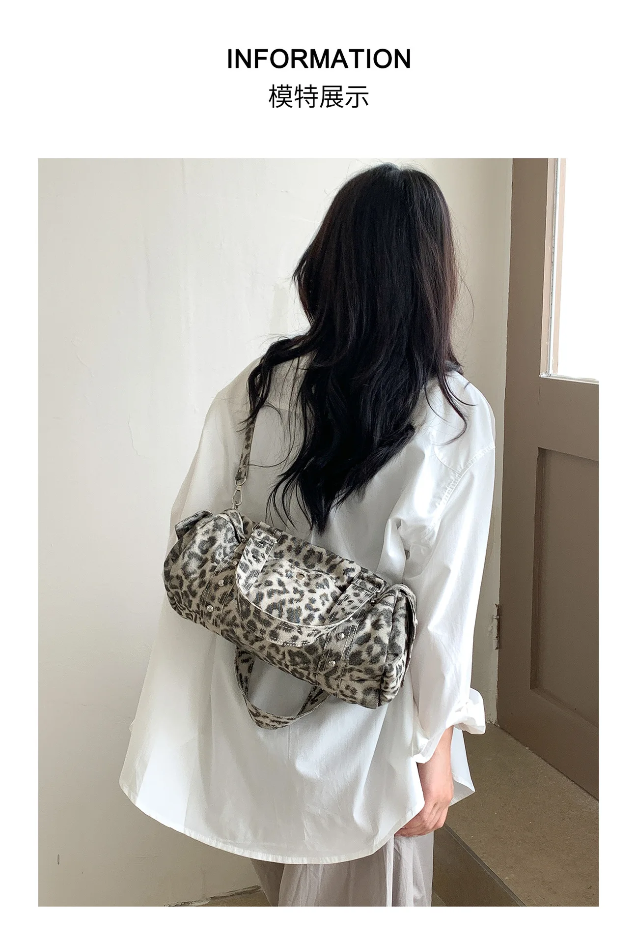Vintage Leopard Rivet Motorcycle Handbag Barrel Shaped Boston Casual Messenger Bags for Female Shoulder Bag Fashion Ladies Totes