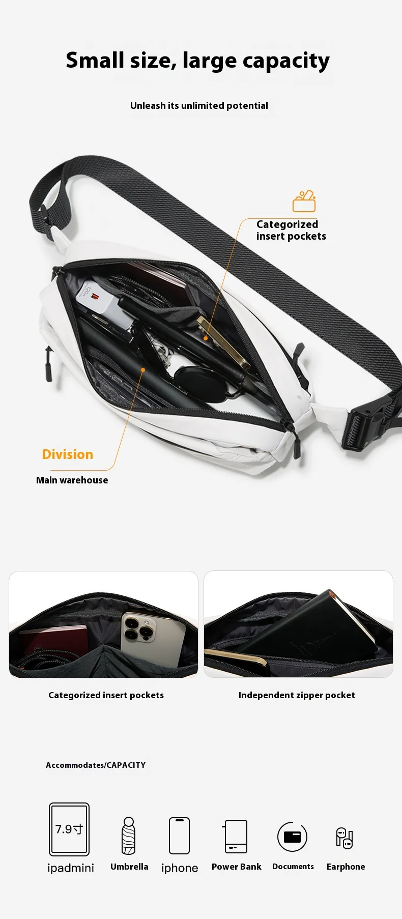 BANGE Waterproof Chest Bag Multi-Carry Modes Sling Crossbody Travel Shoulder Messenger Bag