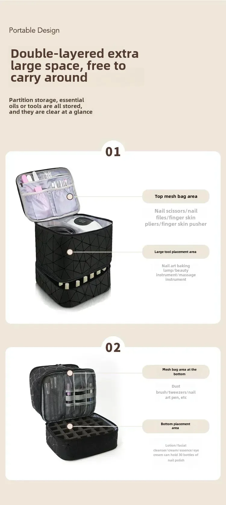 Women's Portable Double-layer Nail Polish Storage Bag Organizer Travel Essential Oil Storage Box Multi-function Storage Bag