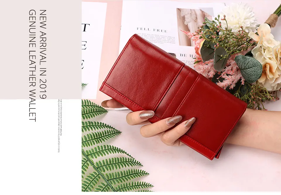 KAVIS Women‘s’ three-folding long wallet RFID large-capacity multi-card credit bag made of cowhide leather