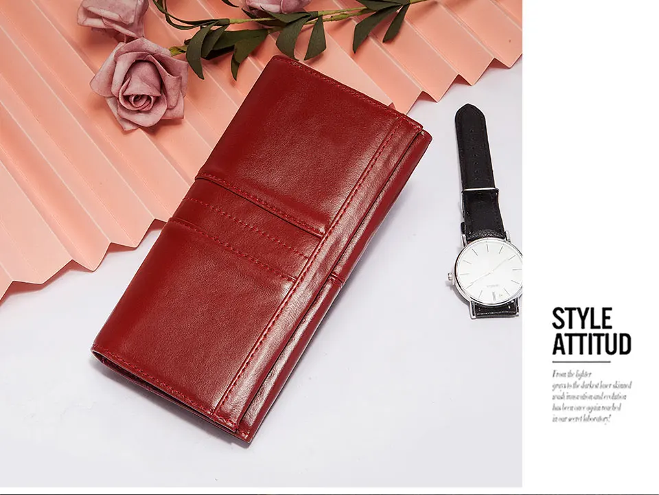 KAVIS Women‘s’ three-folding long wallet RFID large-capacity multi-card credit bag made of cowhide leather