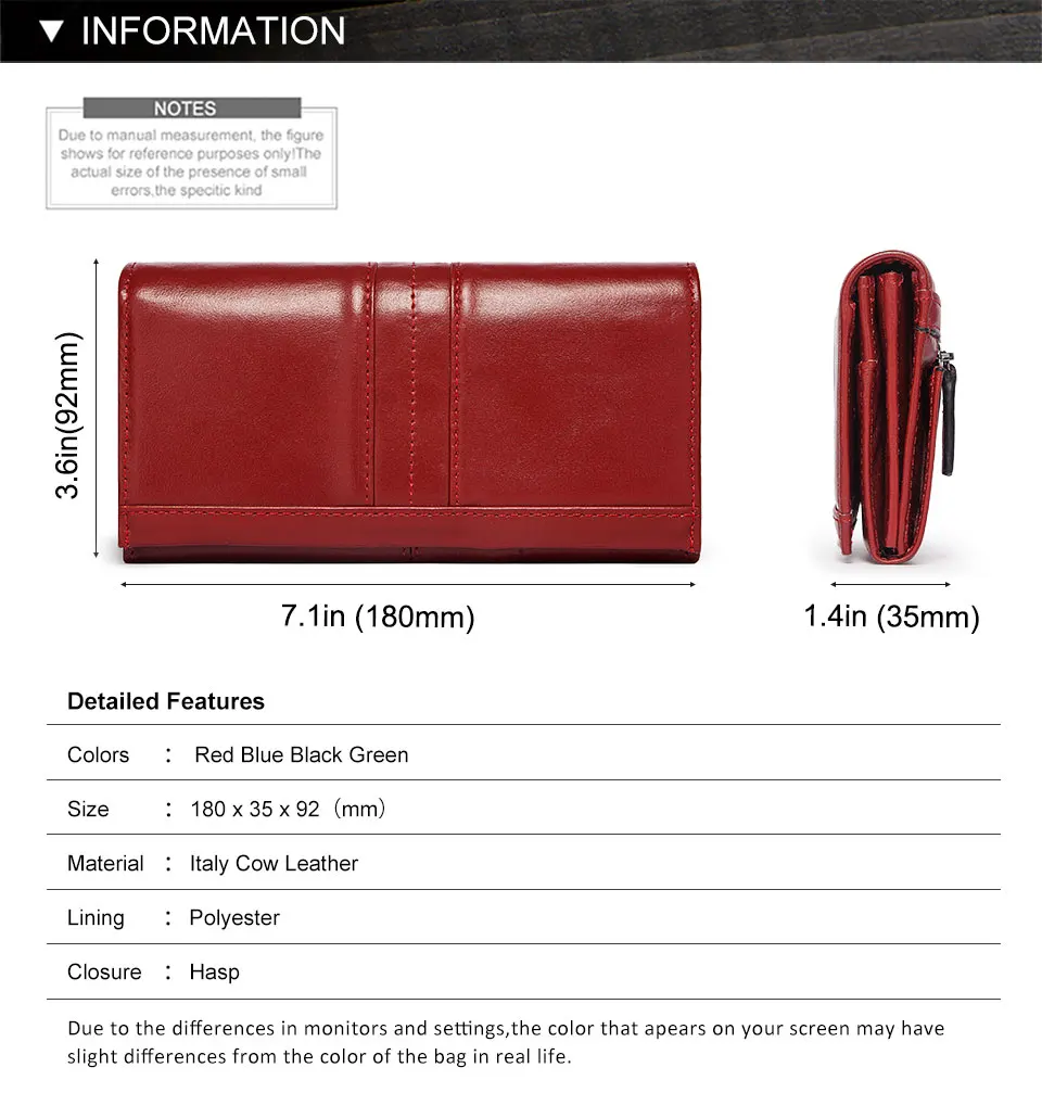 KAVIS Women‘s’ three-folding long wallet RFID large-capacity multi-card credit bag made of cowhide leather