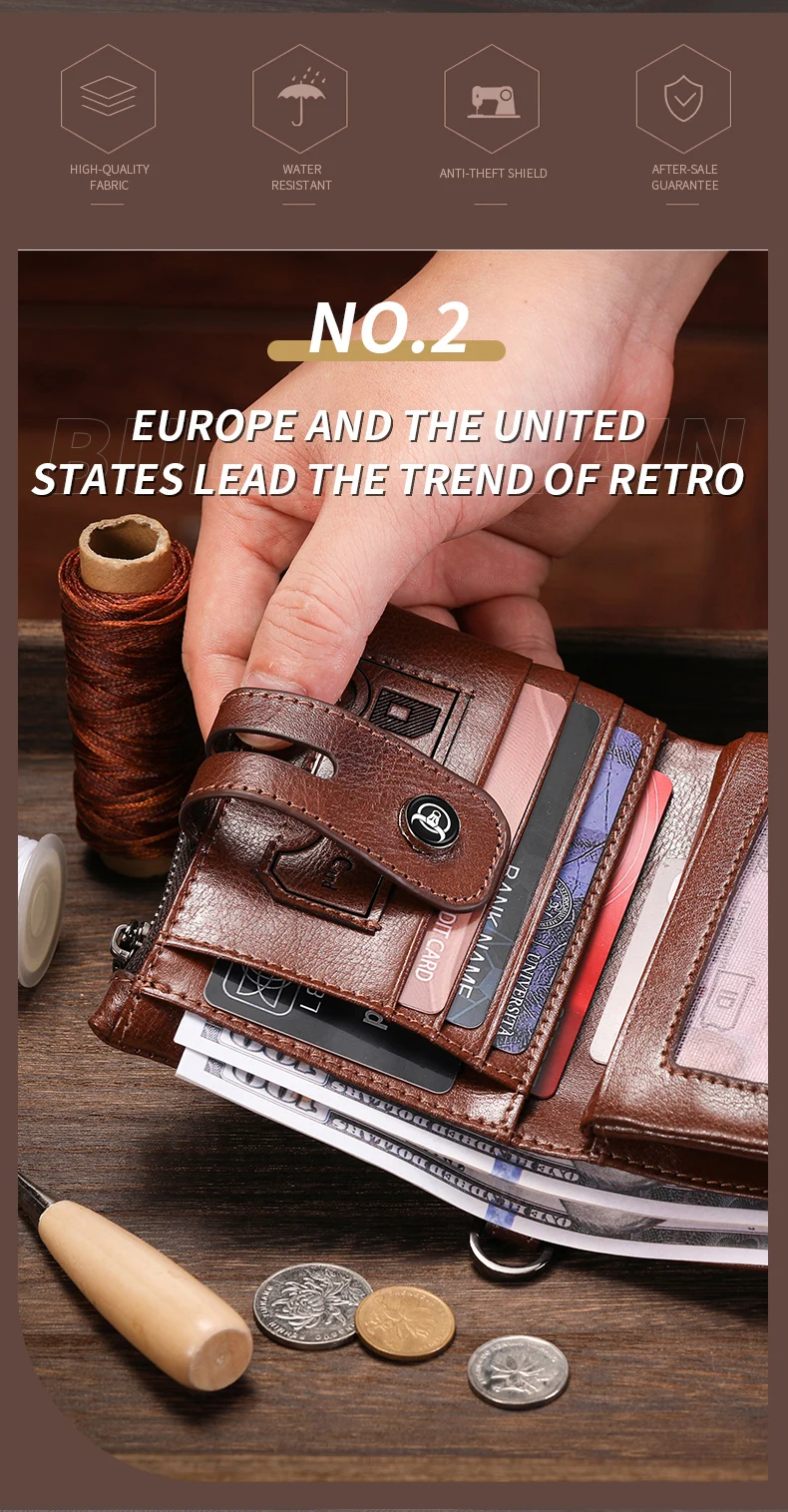 BULLCAPTAIN Men's Genuine Leather Wallet Business Retro Snap Wallet Multifunctional RFID Anti-Theft Zipper Multi-Card Coin Purse