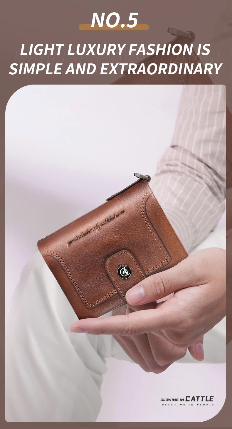 BULLCAPTAIN Men's Genuine Leather Wallet Business Retro Snap Wallet Multifunctional RFID Anti-Theft Zipper Multi-Card Coin Purse