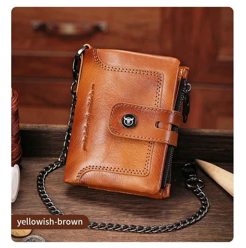 BULLCAPTAIN Men's Genuine Leather Wallet Business Retro Snap Wallet Multifunctional RFID Anti-Theft Zipper Multi-Card Coin Purse