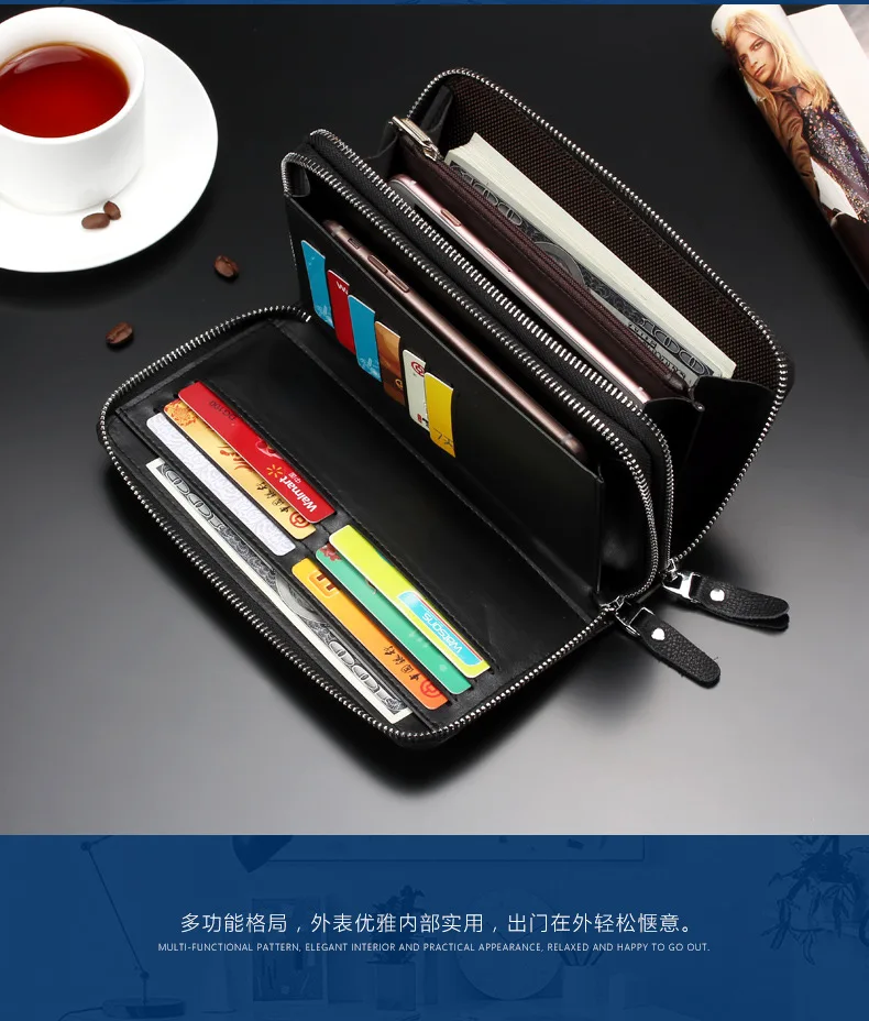 Genuine Leather Wallets for Men 2026 Long Zipper Wristlet Clutch Phone Bag Business Card Holder Wallet Brand Murse Coin Purse