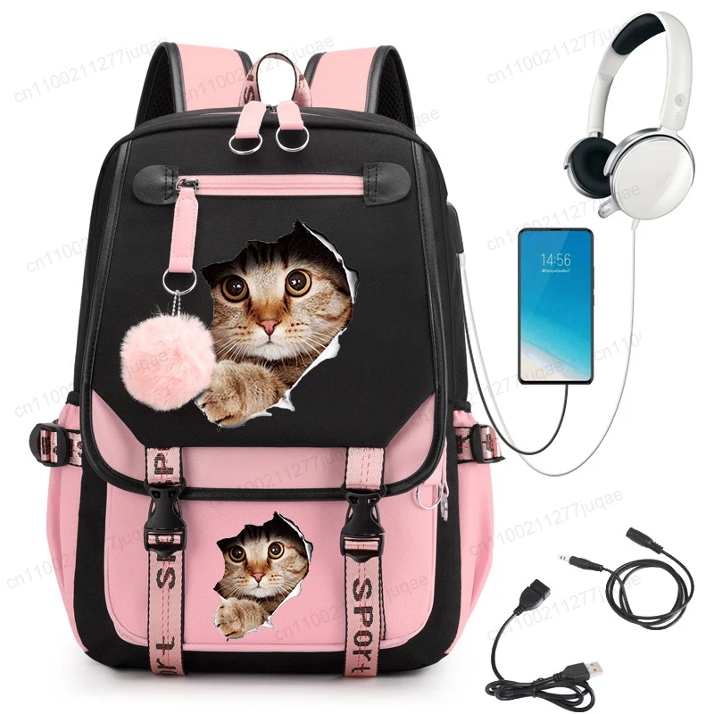 Cat Kawaii Graphic Anime Backpacks Children Girl Pink Schoolbag Student Back To School Mochila School Backpack Usb School Bag
