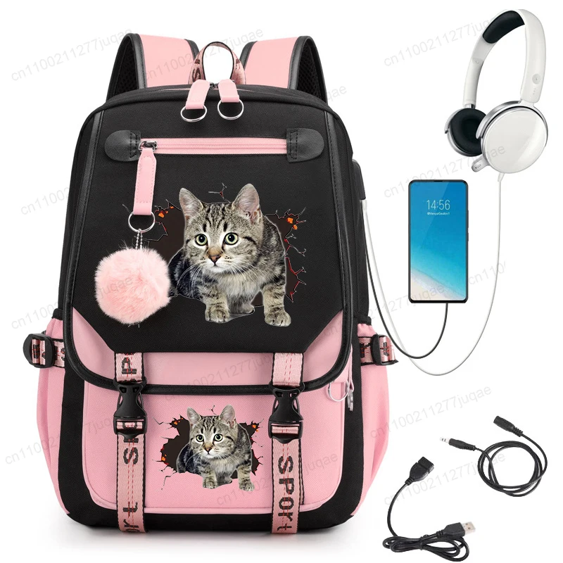 Cat Kawaii Graphic Anime Backpacks Children Girl Pink Schoolbag Student Back To School Mochila School Backpack Usb School Bag