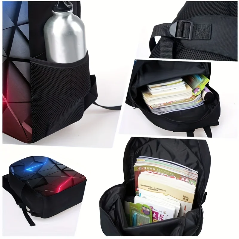 3pcs Geometric Pattern Print Backpack Set (Includes Lunch Bag And Pencil Case) - Ultra-Soft Durable Material, Adjustable Straps,
