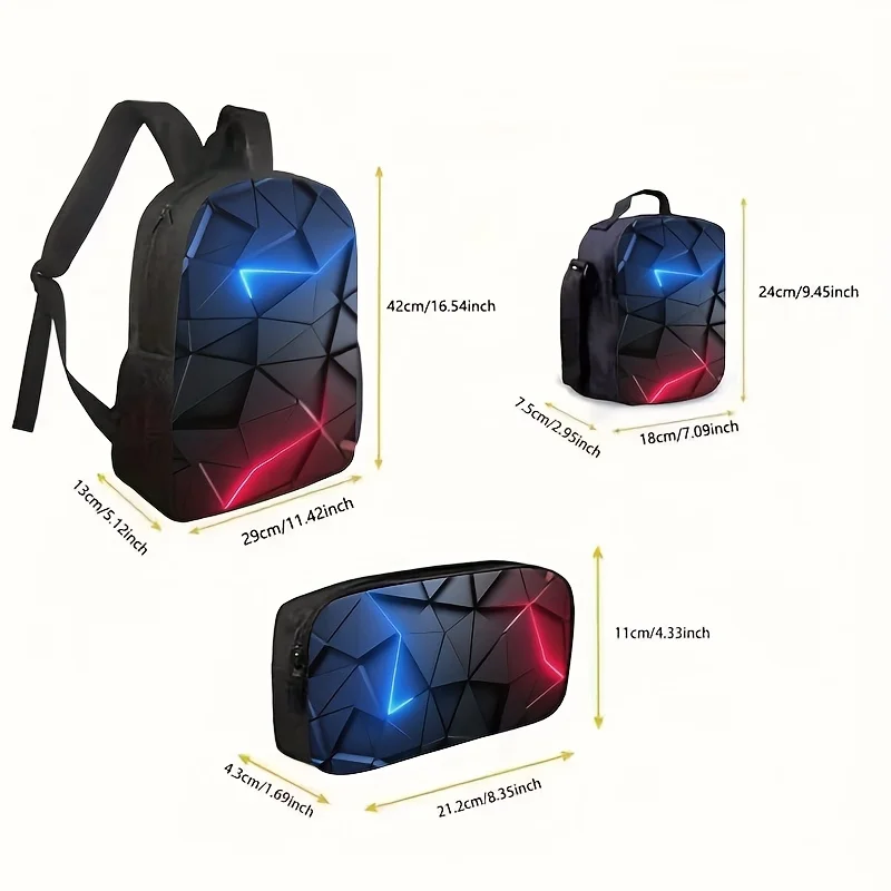 3pcs Geometric Pattern Print Backpack Set (Includes Lunch Bag And Pencil Case) - Ultra-Soft Durable Material, Adjustable Straps,