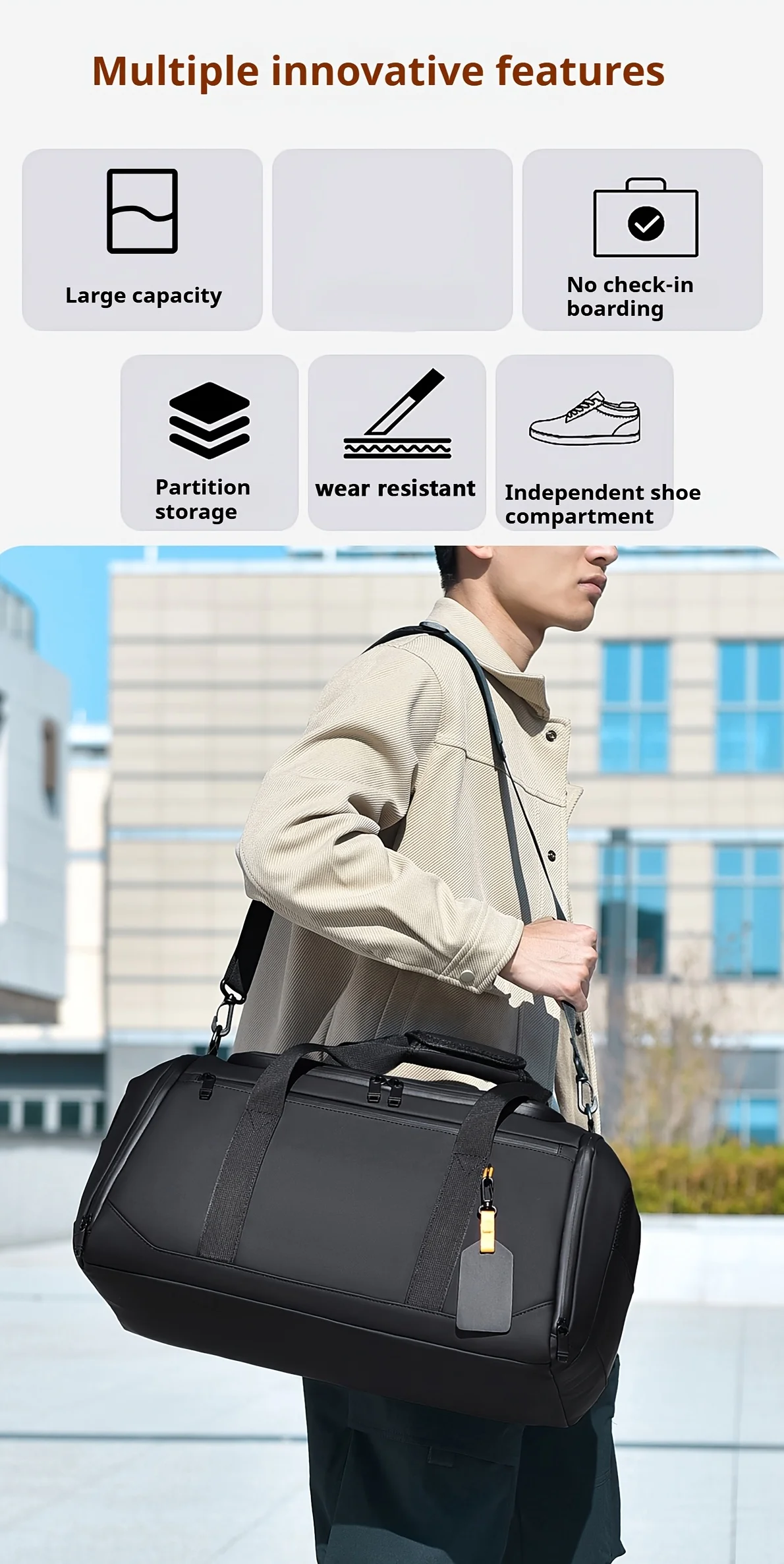 Large Capacity Carry on Travel Bag for Men Spacious Sports Gym Bag with Multiple Compartments Weekend Overnight Duffel Bag