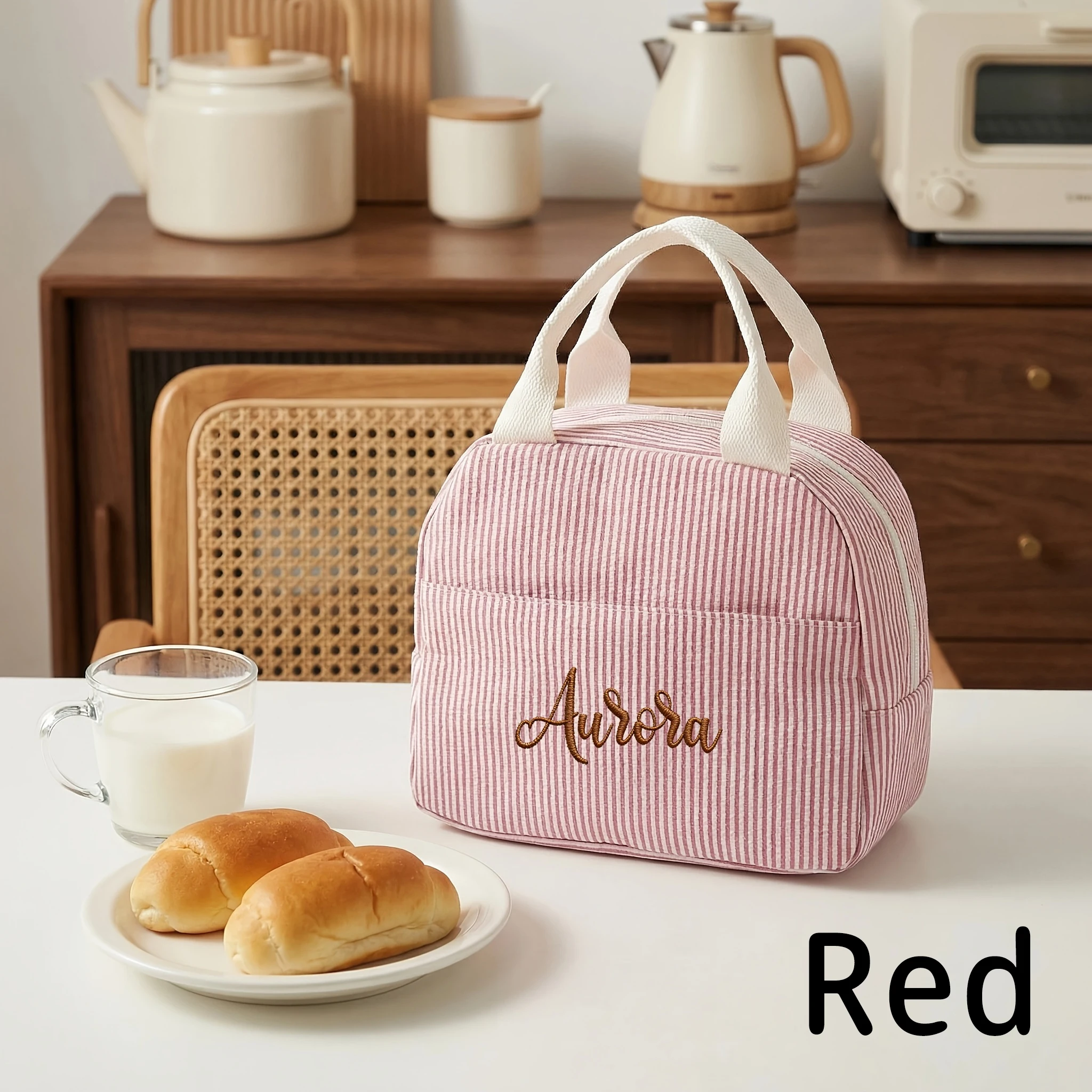 1pc Personalized Embroidered Name Lunch Bag, Striped Lunchbox Bag, Insulated Lunch Bag,Large Capacity Camping Insulated Bag