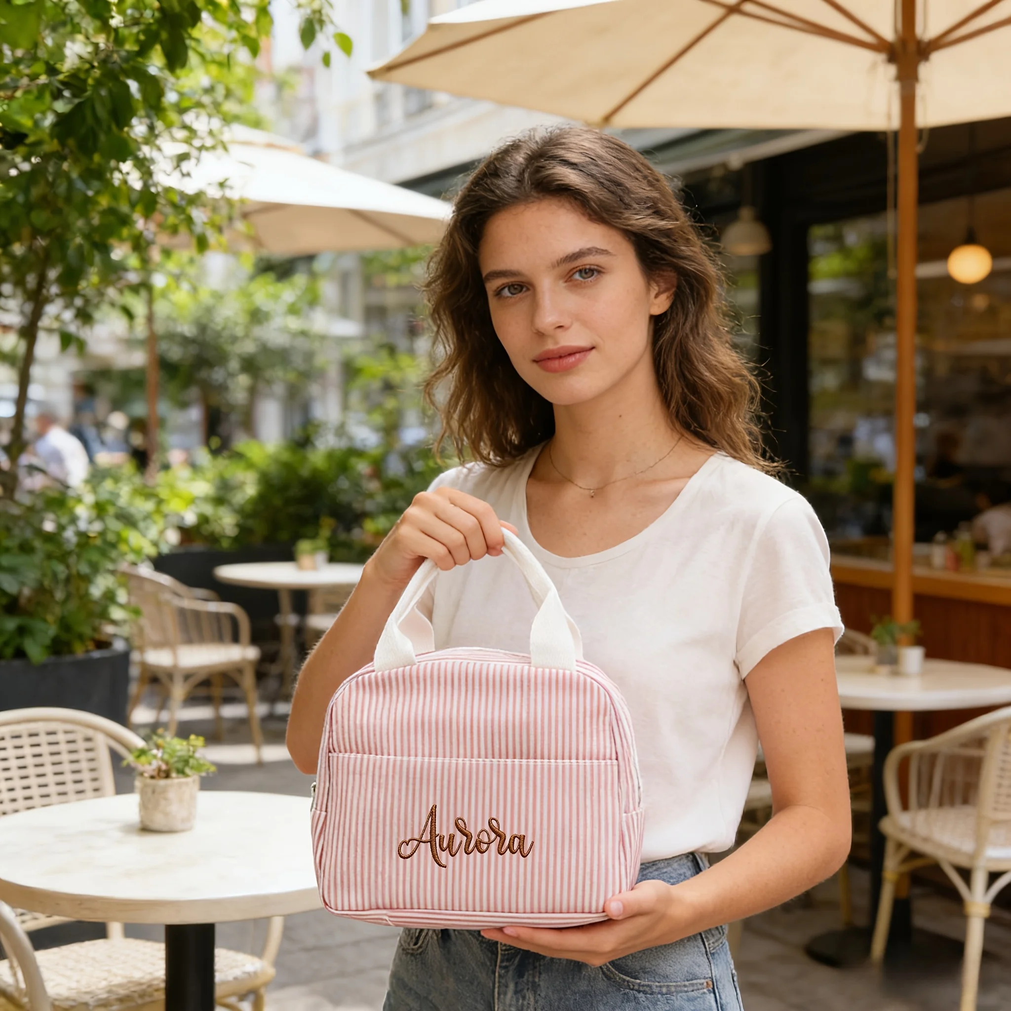 1pc Personalized Embroidered Name Lunch Bag, Striped Lunchbox Bag, Insulated Lunch Bag,Large Capacity Camping Insulated Bag